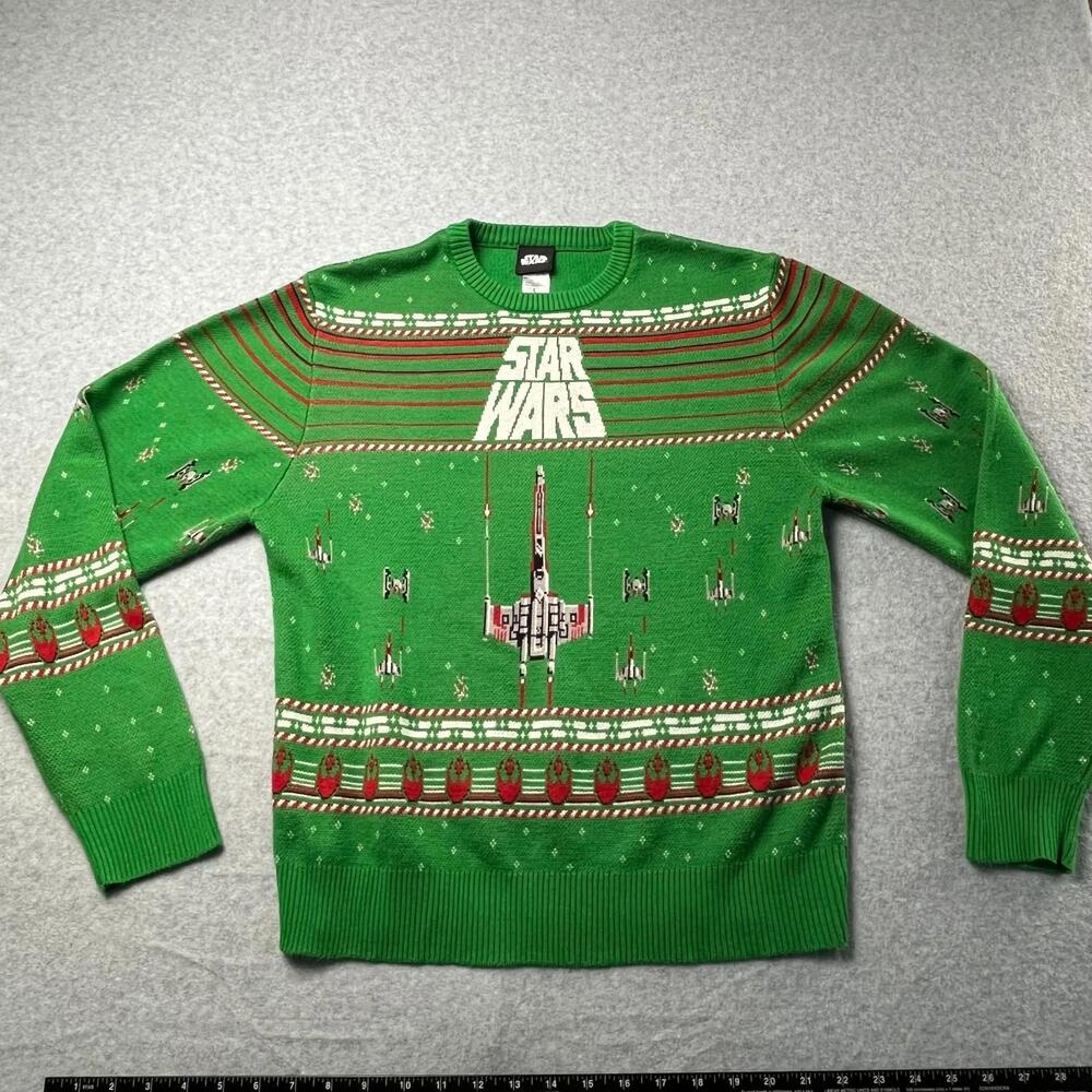 Star Wars Ugly Christmas Sweater Size Lg X-Wing Tie Fighter Green White Logo